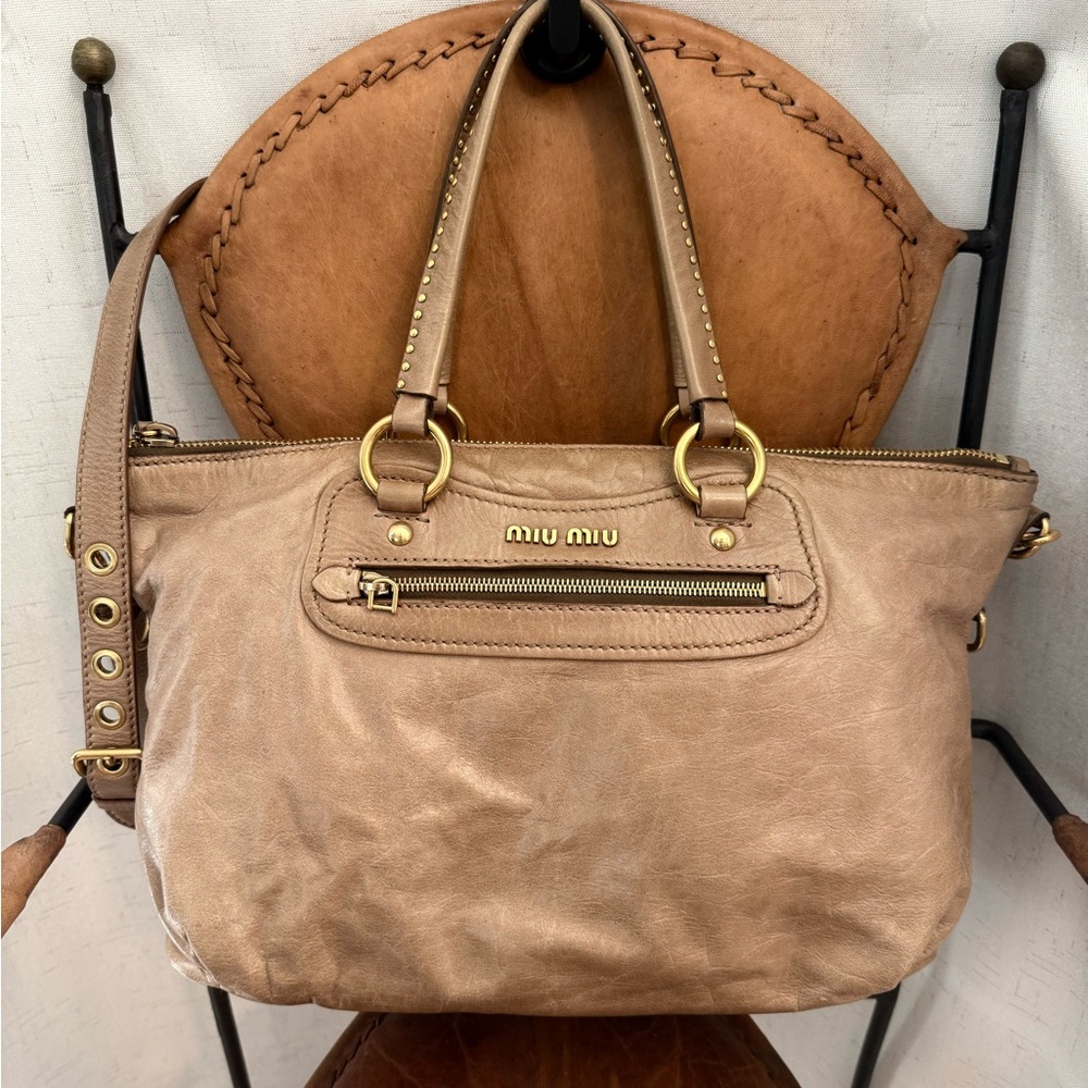 Miu Miu Taupe Leather Satchel with Gold Hardware